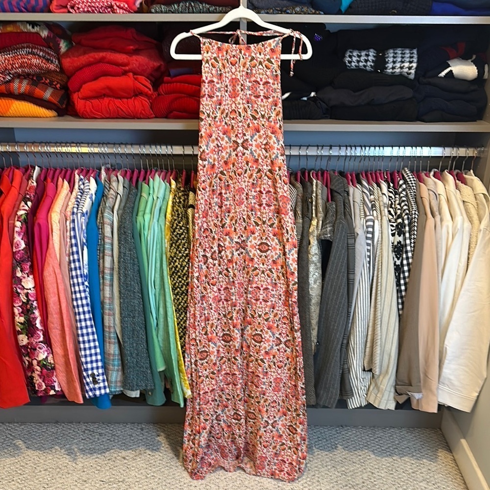Forever 21 pink/white/turquoise floral halter neck backless maxi dress XS NWT